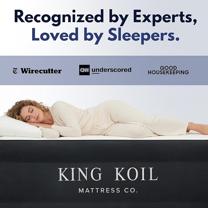 King Koil Full Size Plush Pillow Top Inflatable Air Mattress with Built-in Pump High-Speed Pump for Home, Camping, Guests, Luxury Double High Adjustable Blow Up Bed, Waterproof, 1-Year Warranty.