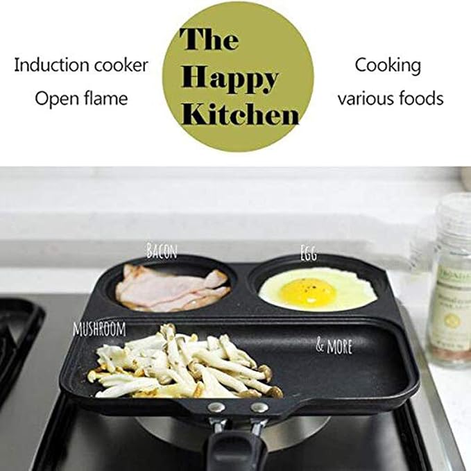 Breakfast Frying Pan 3 Intervals Skillet Frying Pan Pre-Seasoned Square Grill Pan Fat-Free Fryer, Suitable for Induction Cookers, Open Flames, Stainless Steel Bottom Frying Pa
