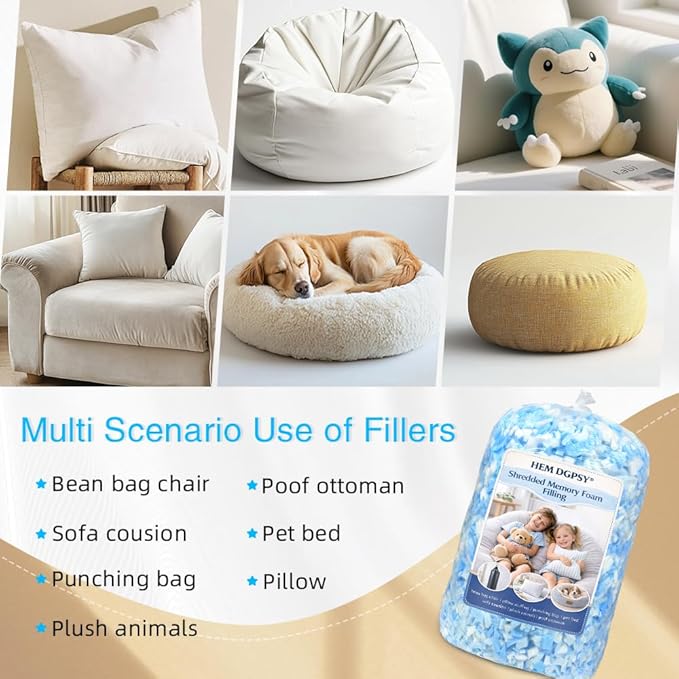 Shredded Memory Foam Filling 5lbs, Blue & White Premium Pillow Stuffing for Dog Bed, Bean Bag Filler, Cushions, Pouf, Punching Bag, Arts and Crafts
