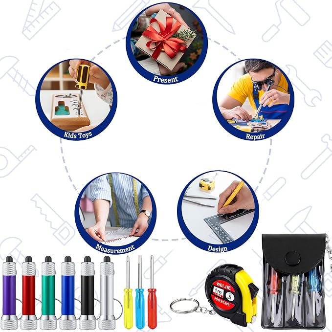 Jutom 72 Pcs Mini Tape Measure Keychain Screwdriver LED Light Keychain Bulk Men Adult Tool Party Gifts Prize for Man Father's Day Housewarming Gifts Adult Useful Tool Favors (Colorful)