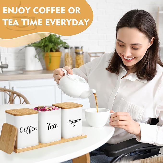 Tioncy Coffee Tea Sugar Container with Tray Set of 3 Airtight Metal Canister with Bamboo Lid Tray for Kitchen Counter Dining Room Farm House Kitchen Style Drink Station Organizer Set(White)