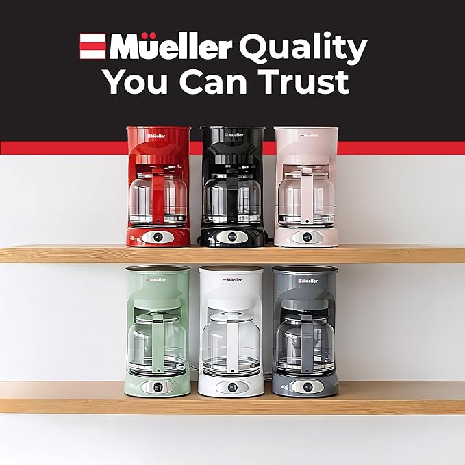 MUELLER HOME 12-Cup Drip Coffee Maker Perfect for Home or Office, Borosilicate Carafe, Auto-Off, Reusable Filter, Anti-Drip, Keep-Warm Function, Clear Water Level Window, Gray
