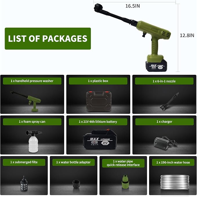 Cordless Pressure Washer,1200PSI Portable Power Washer with 4Ah Battery&Charger,6-in-1 Nozzle,5 Meter Hose,Handheld High-Pressure Car Washer for Cars/Yard/Home/Floor,Green