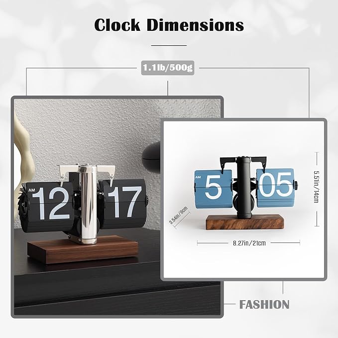 VBESTLIFE Retro Digital Flip Down Clock, Battery Powered Internal Gear Operated Clock, Classic Mechanical, Black Walnut Base, for Home & Office Decor(Black)