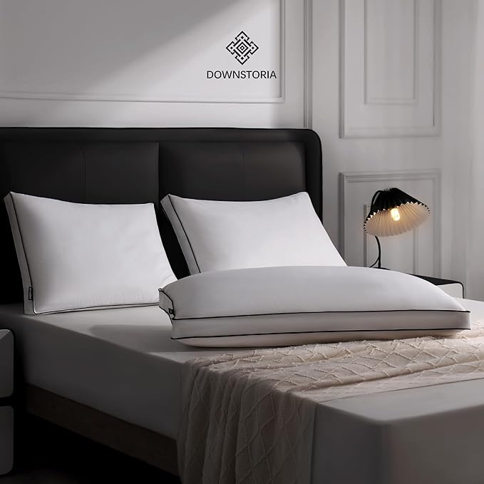 DOWNSTORIA Feather Down Pillows Standard Size Set of 2 with Gusset, Luxury Hotel Collection Bed Pillow 2 Pack, Down Surrounded Gusseted Pillows for Sleeping, Fluffy for Side, Back Sleepers 20x26 in.
