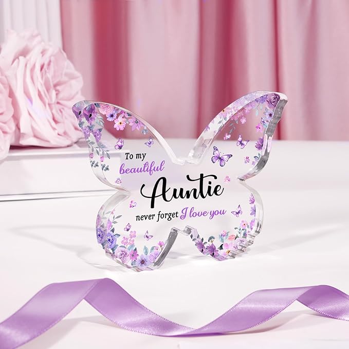 Auntie Gifts for Mothers Day Aunt, Unique Purple Butterfly Acrylic Plaque Desk Decor, Aunt Auntie Mothers Day Christmas Birthday Gifts, 5 x 3.8 x 0.5 inches