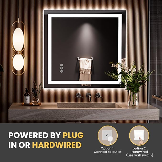 LOAAO 28“X30” LED Bathroom Mirror with Lights, Anti-Fog, Dimmable, Backlit + Front Lit, Lighted Bathroom Vanity Mirror for Wall, Memory Function, Tempered Glass, Safe to Use, ETL Listed