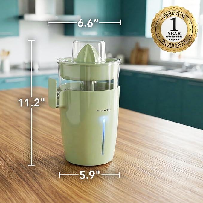OVENTE Electric Citrus Juicer Machine with Self-Reversing Cones, 40 Watts, 17 oz Capacity, Pulp Control and Easy Pour Spout, Juice Squeezer for Orange, Lemon, Lime or Grapefruit, Green JE44G