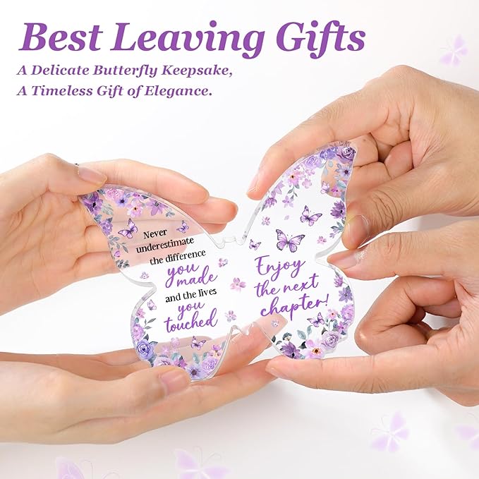 Farewell Gifts for Coworkers, 5x3.8x0.5 Inch Purple Butterfly Acrylic Plaque Decor, New Job Goodbye Going Away Leaving Retirement Graduation New Job Promotion We Will Miss You
