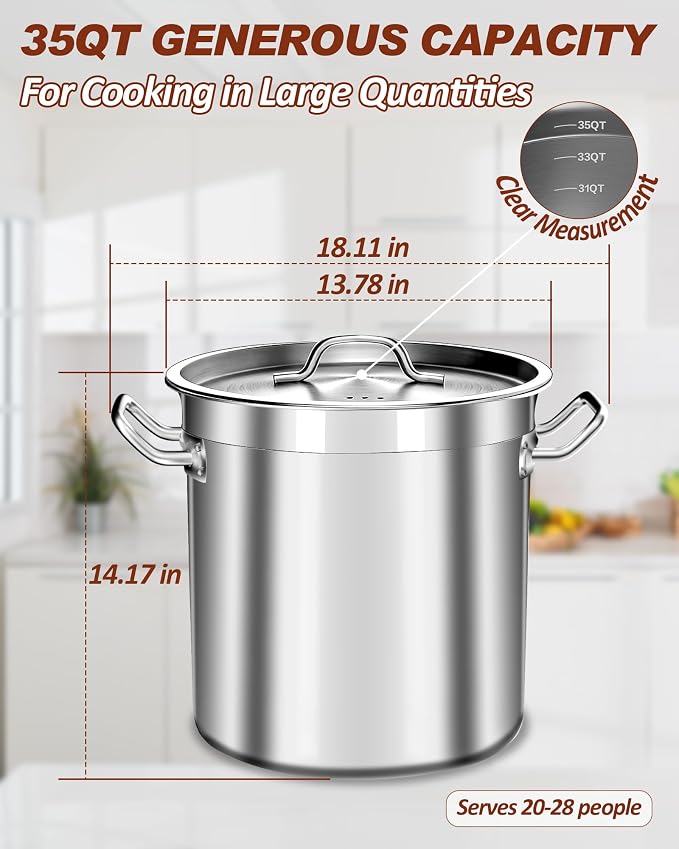 35 Quart Stainless Steel Cooking Pot - Stock Pot with Lid - Large Soup Pot for Cooking, Stew, Pozole, Pasta - Induction Compatible - Ideal for Home & Commercial Use