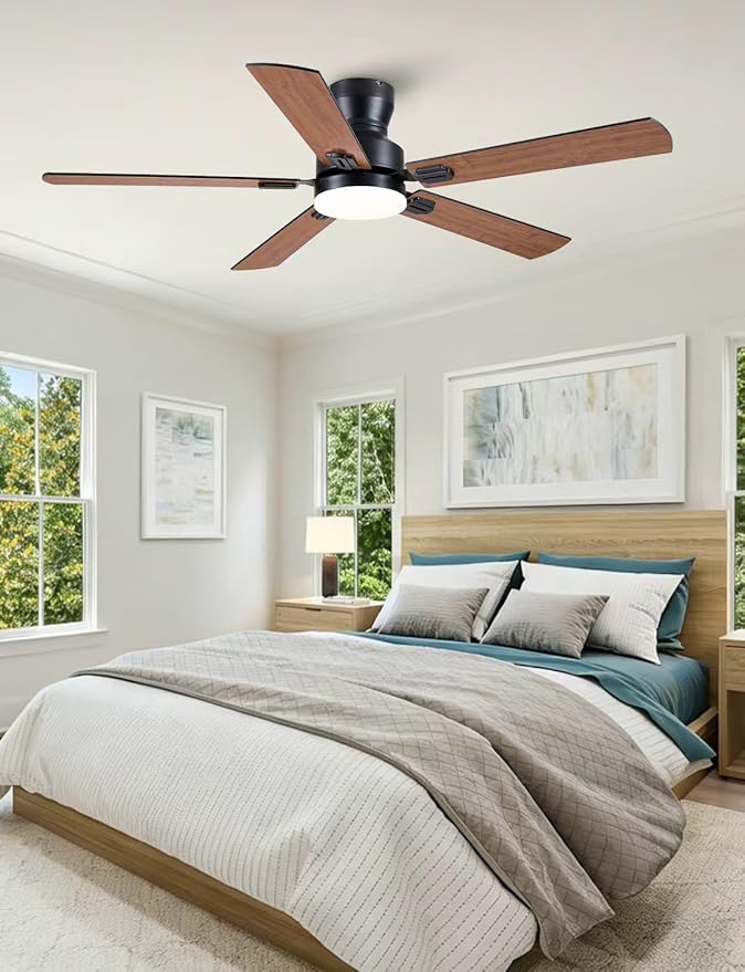 Ceiling Fans with Lights, 52'' Low Profile Ceiling Fan with Light and Remote/APP Control, Modern Flush Mount Ceiling Fan for Indoor Bedroom Living Room, Dimmable, Qiuet DC Motor, Brown