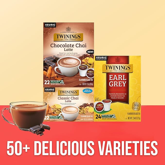 NEW Twinings Chocolate Chai Latte Tea K-Cup Pods for Keurig, 22 Count (Pack of 1), Velvety Smooth Cocoa with Real Spiced Tea, Caffeinated, Enjoy Hot or Iced