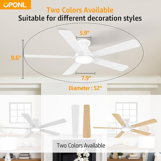 OPONL 52 Inch White Ceiling Fan with Light, Remote Control, Low Profile, Noiseless, Reversible, Dimmable, Timeable, Metal Housing, Flush Mount Ceiling Fans with Lights for Bedroom, Indoor/Outdoor Use
