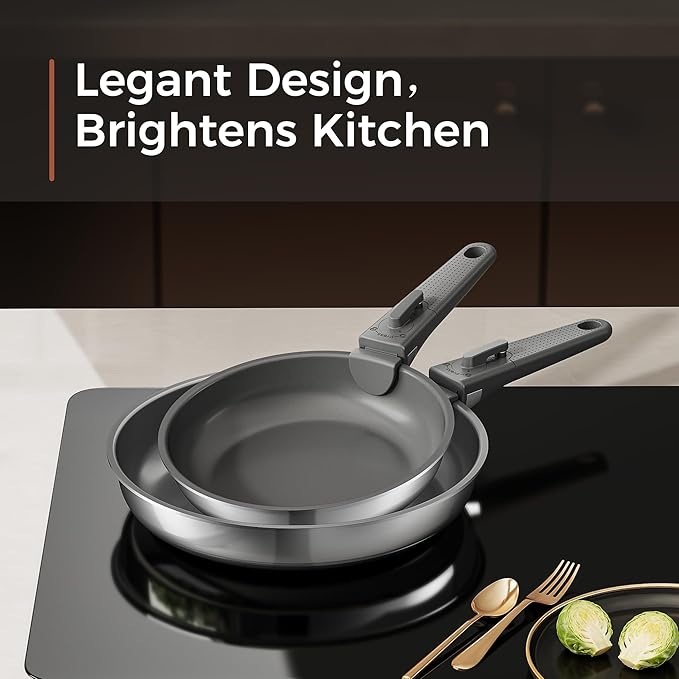 16pcs Nonstick Cookware Set, Diamond-Titanium Ceramic Coating & 3 Layer Stainless Steel Pots and Pans Set with Detachable Handle, Dishwasher Safe, Induction Compatible, Oven Safe, Gray