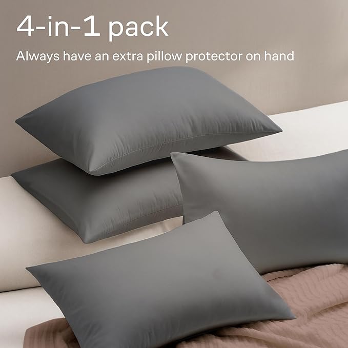 Ultra Soft Pillow Protectors with Zipper Queen Size - Set of 4 Breathable Pillow Covers - 100% Protection Against Stains, Dust & Dirt - Machine Washable (Gray)