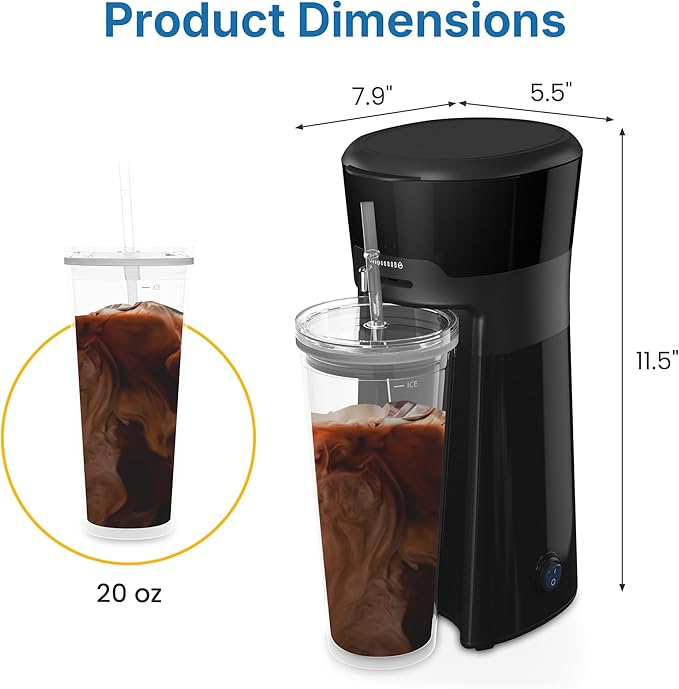 Iced Tea Maker Machine with 20OZ Pitcher, Cold Brew Coffee Maker with Reusable Filter, Strength Control for Flavor, Compact Single Serve Machine for Grounds/Tea for Home & Office, Black