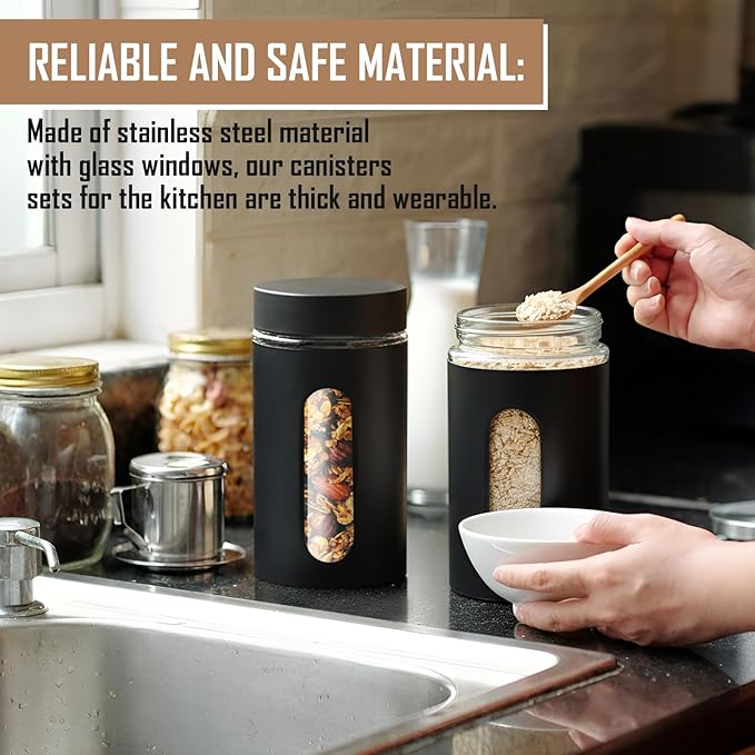 Patelai 6 Pack Kitchen Canisters Set Airtight Stainless Steel Canister Food Storage Container with Window Glass, Coffee Sugar Candy Jars Tea Organizer for Flour Cookies Spice (Black,32 oz)