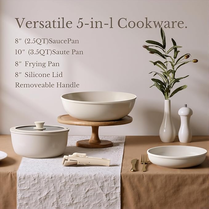 Pots and Pans Set Non Stick, Ceramic Cookware Set Detachable Handle, RV Camping Kitchen Cooking Set Removable Handles, Dishwasher/Oven/Fridge Safe, Induction, Space Saving,Cream White