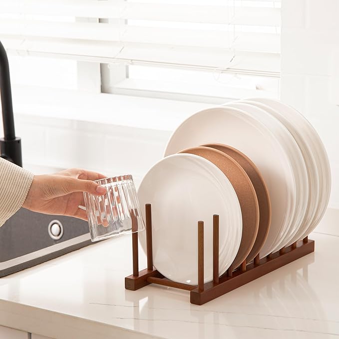 HBlife 4pcs Teak Dish Drying Rack Plates Holder Stand Kitchen Storage Cabinet Organizer for Dish/Plate/Bowl/Cup/Pot Lid/Cutting Board (8 Slots)