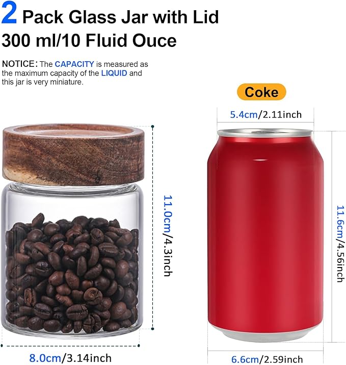10 oz Small Glass Jars with Top Screw Lid Round Herb Coffee Bean Ground Storage Canister Clear Glass Food Container for Pantry Sugar Tea Coffee Bean Spice Nuts Cookies Bath Salts (2×300ml(10oz))