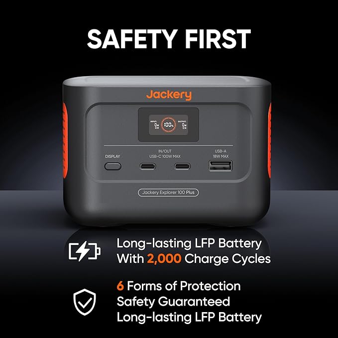 Jackery Explorer 100 Plus Power Station with Mini Carrying Bag, 99Wh LiFePO4 Battery Power Bank, 3-Port 128W Portable Charger, PD 3.0 Fast Charge for Laptop, Phone, Tablet(Renewed)
