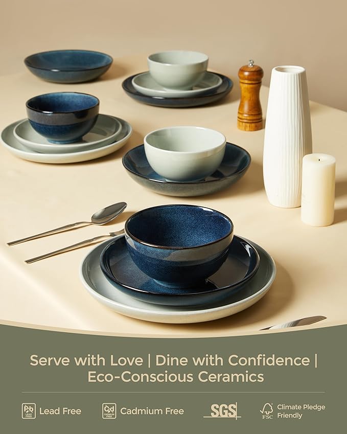 Pokini 18 Piece Dinnerware Set for 6, Reactive Glaze Terracotta Plates and Bowls Set, Large Family-Sized Stoneware Dish Set for Gatherings, Chip and Scratch Resistant, Slate Green