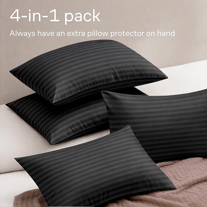 Ultra Soft Pillow Protectors with Zipper Standard Size - Set of 4 Breathable Pillow Covers - 100% Protection Against Stains, Dust & Dirt - Machine Washable (Striped Black)