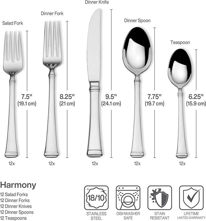 Mikasa Harmony 65-Piece 18/10 Stainless Steel Flatware Set, Service for 12, Polished Silverware with Serving Utensils, Dishwasher Safe, (Pack of 2)