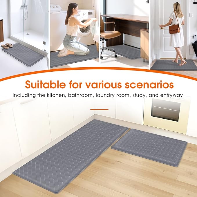 TranquilRelax Kitchen Mats, 2PCS Kitchen Rugs, Cushioned Anti Fatigue Kitchen Mats for Floor, Non-Slip Standing Sink Mat, Waterproof Kitchen Rug Set for Kitchen Floor Office,17.3"×30"+17.3"×47" Grey