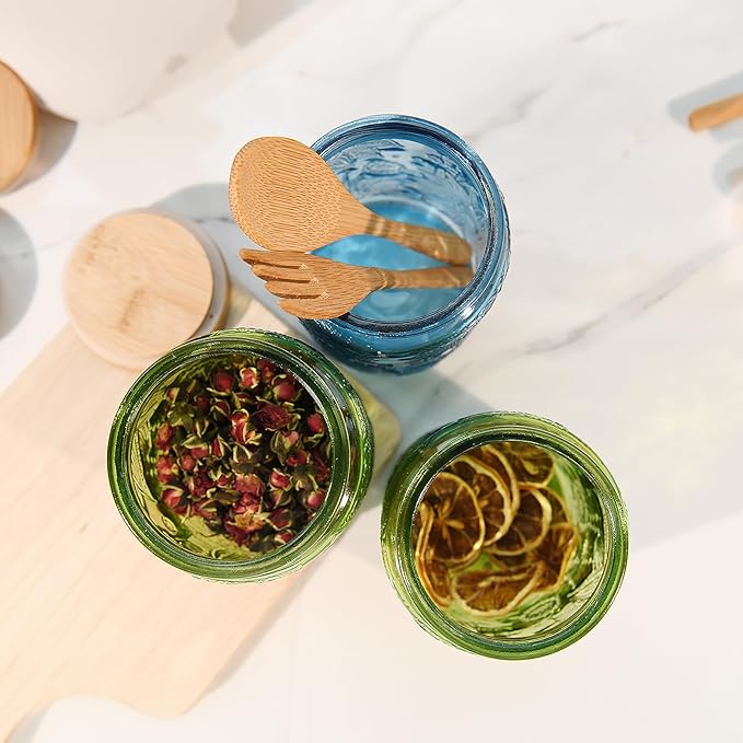 Custde Glass Storage Jars With Airtight Lid, 23.7oz Canister For Kitchen Counter with Bamboo Lid, brown sugar, candy, coffee, cookie, salt, tea,pantry cute Jar (Blue 2-Pack, 23.7 fl oz)