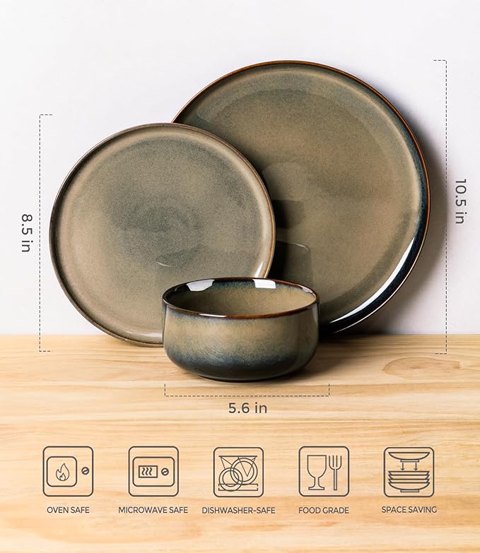 TheTerra Ceramic Dinnerware Sets for 6, 18 Pieces Handmade Reactive Glaze Plates and Bowls Set, Scratch Resistant Dish Set, Oven & Microwave & Dishwasher Safe, Coca Mocha