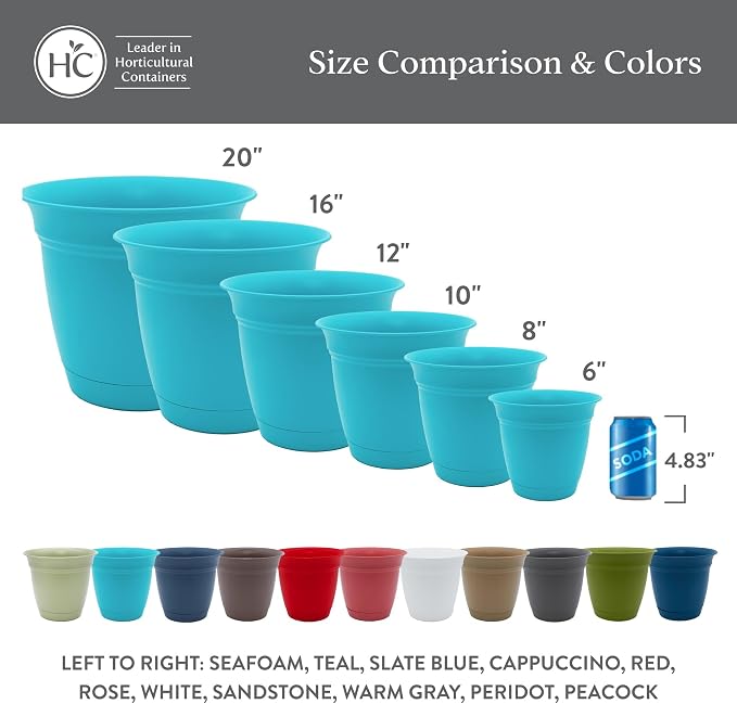 The HC Companies 8 Inch Eclipse Round Planter Pots with Drainage Holes & Attached Saucer, Lightweight UV-Resistant Plastic Indoor & Outdoor Planters, 6-Pack Flower Pots for Garden & Home Decor, Teal