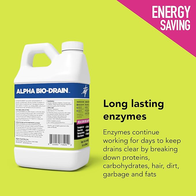 ALPHA BIO-DRAIN - Enzyme-Based Maintenance to Help Prevent Clogs and Reduce Odors from Pet Waste, Grease, Hair in Drains and Septic Systems - ½ Gallon by Alpha Tech Pet