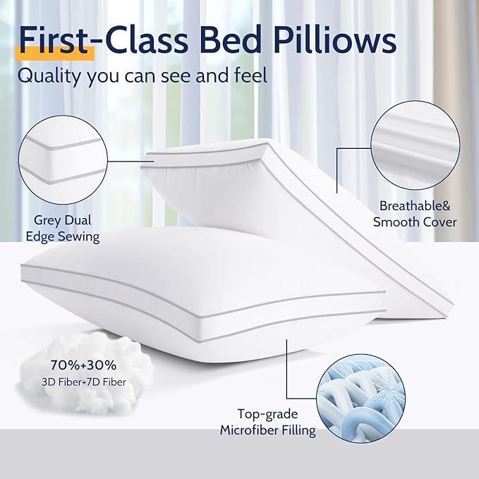 ROUMEA Pillows Queen Size Set of 2, Gusseted Bed Pillows for Sleeping 2 Pack, Luxury Hotel Quality, Supportive Queen Pillow with Soft Down Alternative for Back Stomach Side Sleepers, Machine Washable