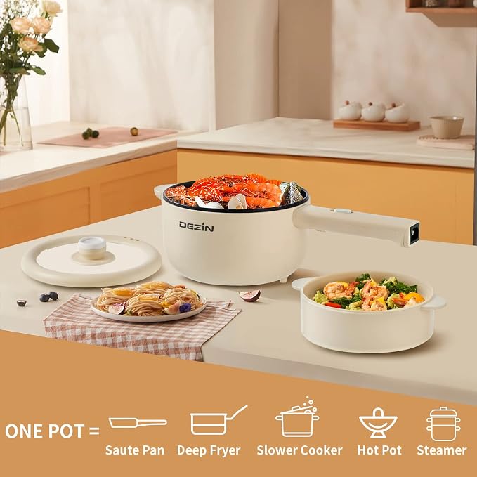 Dezin 2L Hot Pot Electric, Non-Stick Electric Pan, 700W Adjustable Power | Electric Pot for Cooking/Steak/Egg/Fried Rice/Ramen/Soup, Portable Pot for Dorm/RV/Family/Travel/Camping, Include Spatula