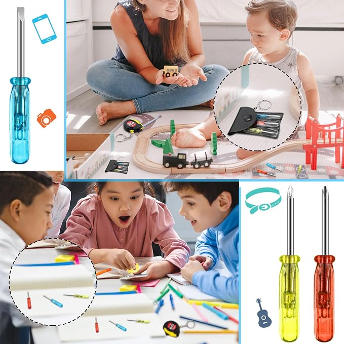 Jutom 24 Pcs Mini Tape Measure Keychain Screwdriver LED Light Keychain Bulk Men Adult Tool Party Gifts Prize for Man Father's Day Housewarming Gifts Adult Useful Tool Favors (Black)