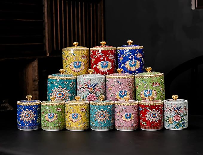 Enamel Ceramic Tea Caddy Tea Canister Tea Storage Container Tins Jar with Airtight Lid Water-proof Tank for Tea, Coffee, Herb, Sugar, Spice, Nuts