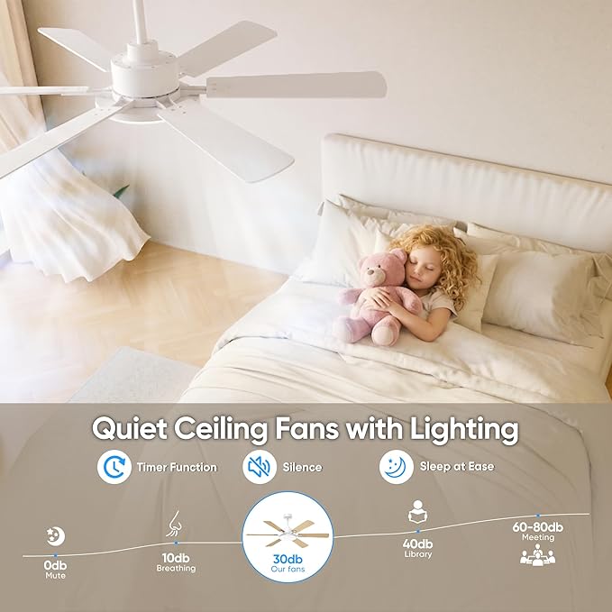 52 Inch Ceiling Fans with Lights, 6 Double Sided Blades, Ultra Quiet Reversible DC Motor, Remote & APP Control, 6 Speeds, 3CCT Dimmable LED with Memory Function, Downrod Mount for Living Room, White