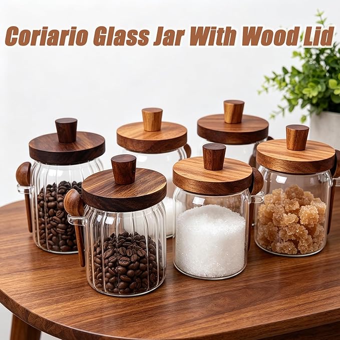 Coriario 30 OZ Glass Jar with Airtight Lid Spoon Ribbed Glass Storage Jars Wooden Lids Wide Mouth Glass Coffee Canister for Food Kitchen Candy Sugar Cookie Tea Decorative
