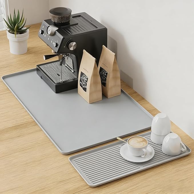 2-in-1 Coffee Mat & Dish Drying Mat Coffee Bar Mats for Countertop Coffees Matt for Counter Silicone Coffees Espresso Machine Station Mats Under coffe Maker Spill Matt Countertops Pot 24×16inch-Gray