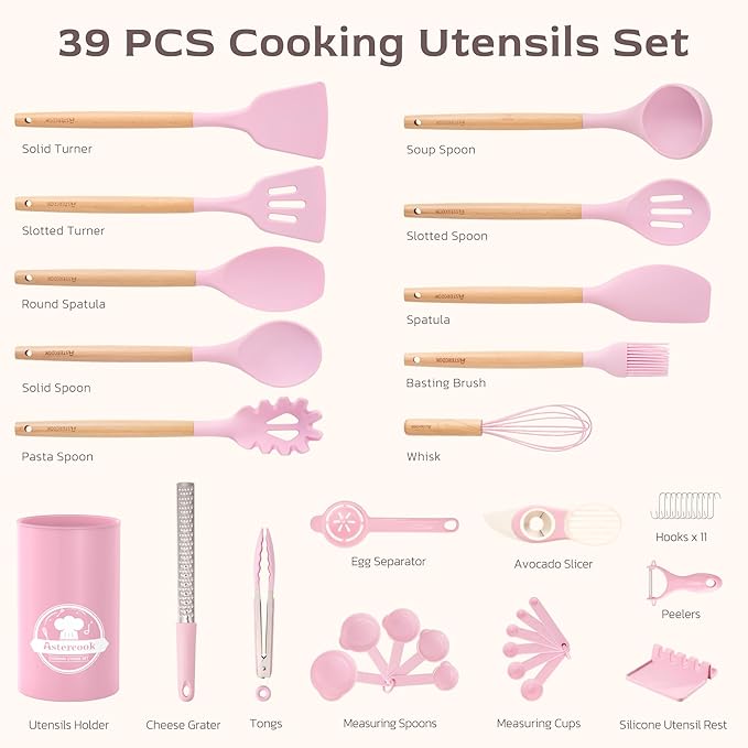 Astercook Kitchen Utensils set, 39 PCS Silicone Cooking Utensils Set with Wooden Handle, 446°F Heat Resistant Food Grade Utensil Sets, BPA Free Kitchen Gadgets Tools Set for Mothers Day Gifts
