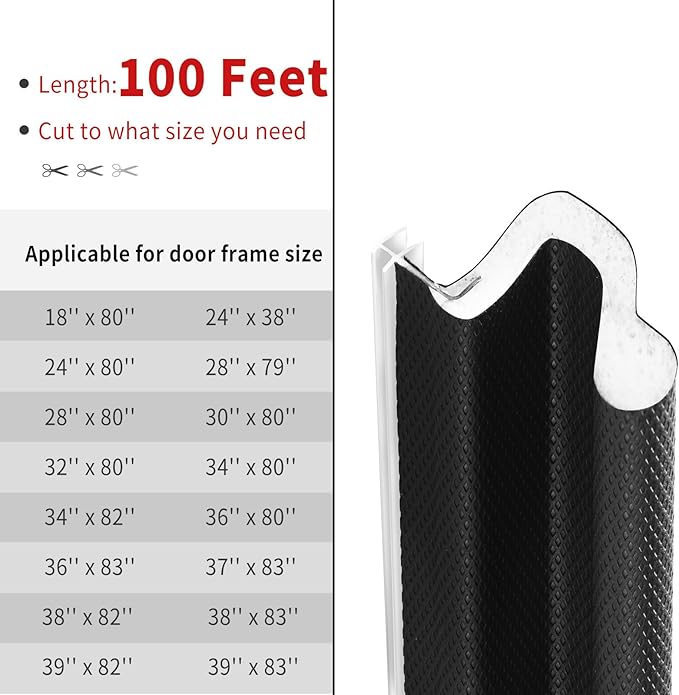100 Feet Kerf Door Weather Stripping Door Seal, Long Reach V-Shaped Door Seal Strip for Door Frame Door Weatherstripping Insulation Strip Door Soundproofing for Large Gap(Black)