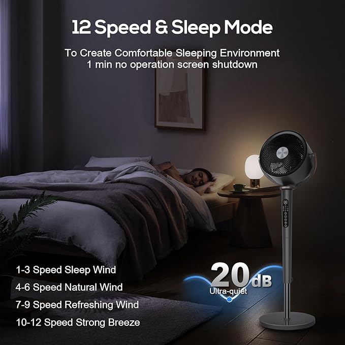 hykolity Large Fan for Bedroom, 120° Oscillating Standing Fan, 85ft Air Circulator With Remote, DC Motor Quiet Floor Fans, Adjustable Height, 12 Speeds, 5 Modes, 12H Timer