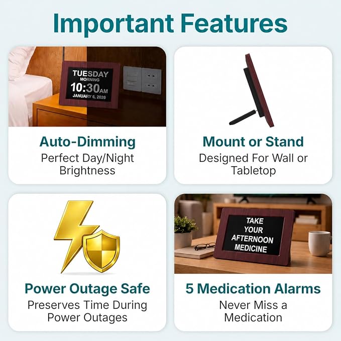 American Lifetime New 2026 Dementia Clock Large Digital Clock for Seniors, Alzeimer Clock Large Display with Custom Alarms, Clock with Day & Date for Elderly, Digital Calendar Premium Mahogany 12"