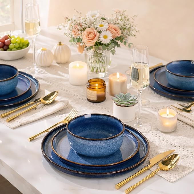 GBHOME Dinnerware Sets for 8, 24 Pieces Stoneware Plates and Bowls Sets, Scratch Resistant Ceramic Dishes, Dishwasher & Microwave Safe, Reactive Glaze-Sea Blue