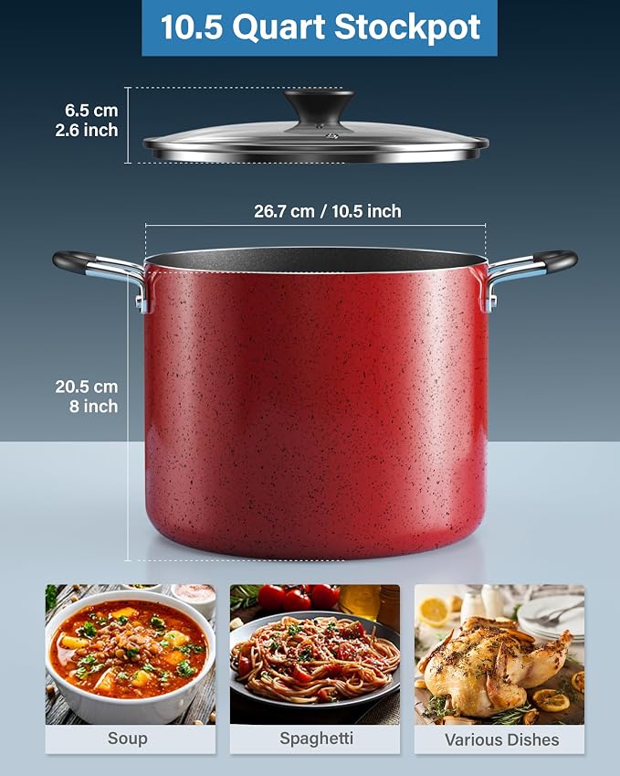 Cook N Home 10.5 Quart Non Stick Stock Pot with Lid, Large Pots for Cooking | Nonstick Soup Pot, Stockpot Induction Cookware - Oven & Dishwasher Safe, Marble Red