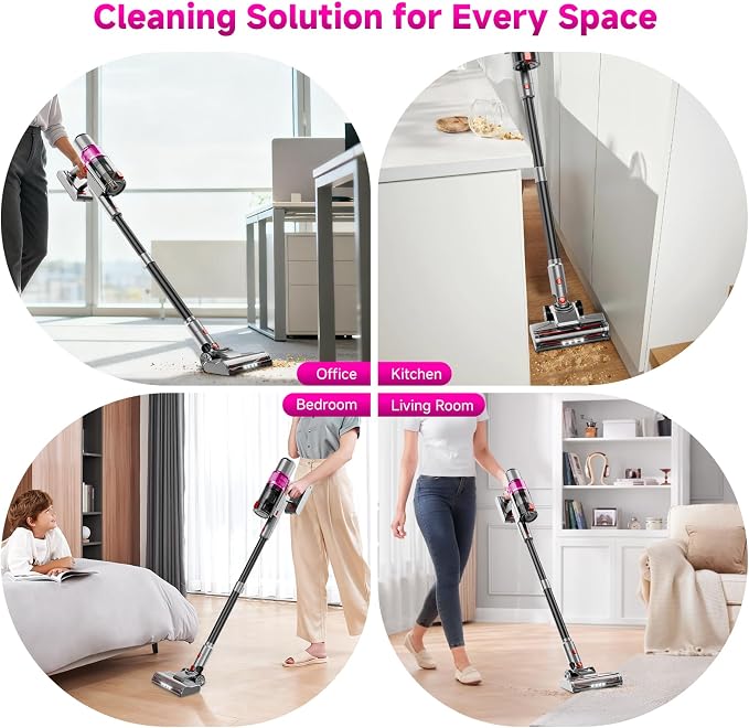 Cordless Vacuum Cleaner:Portable 6-in-1 Stick Vacuum with Anti-Tangle Brush | LED Headlight, Self-Standing, HD Display, Rechargeable Vacuum for Pet Hair, Low-Pile Carpet and Hardwood Floor-Purple