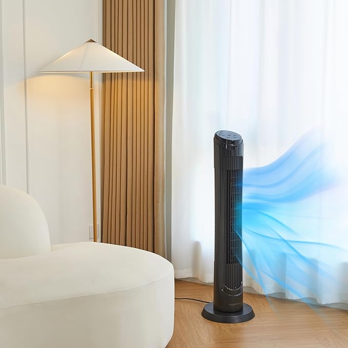 Amazon Basics 40" 70-Degree Oscillating Digital Tower Fan with Powerful Airflow for Bedroom, Living Room, Office, 4 Speeds, 3 Modes, 15-Hour Timer, Remote Control, 50W, Black