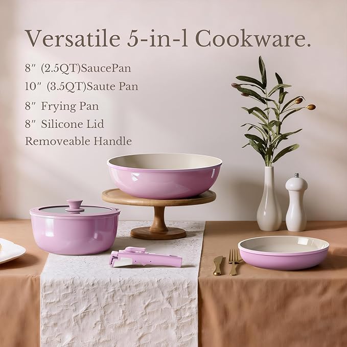 Pots and Pans Set Non Stick, Ceramic Cookware Set Detachable Handle, RV Camping Kitchen Cooking Set Removable Handles, Dishwasher/Oven/Fridge Safe, Induction, Space Saving,PINK