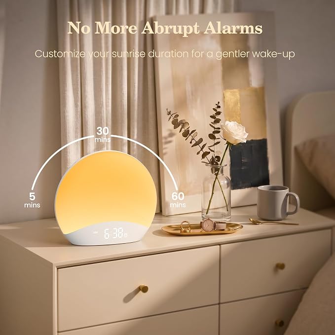 REACHER Sound Machine Sunrise Alarm Clock with Night Light, 26 Nature Inspired Sleep Sounds, 0-100% Dimmable Clock, Sunrise Lamp, Wake Up Light, Brown/Pink/White Noise Machine for Babys, Adults, Kids